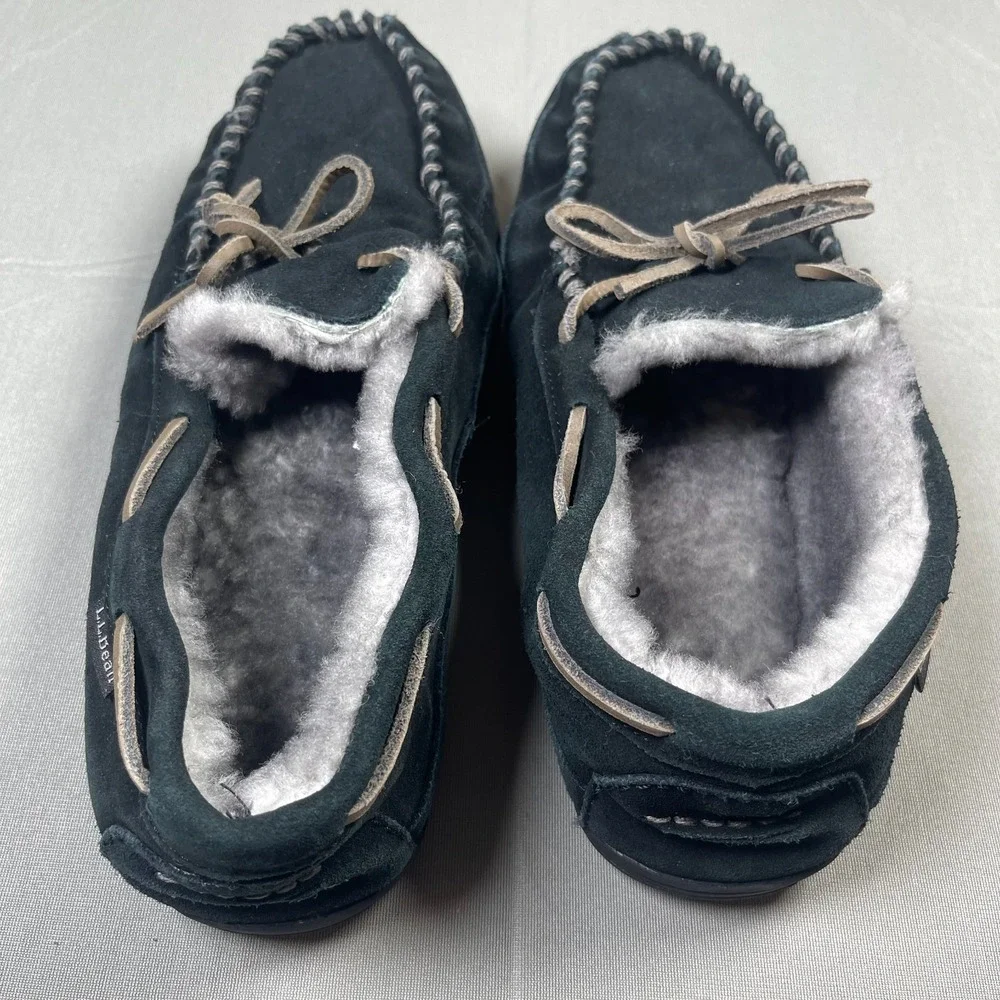 L.L.Bean Wicked Good Men's 11M Black Suede Shearling Moccasin Slippers